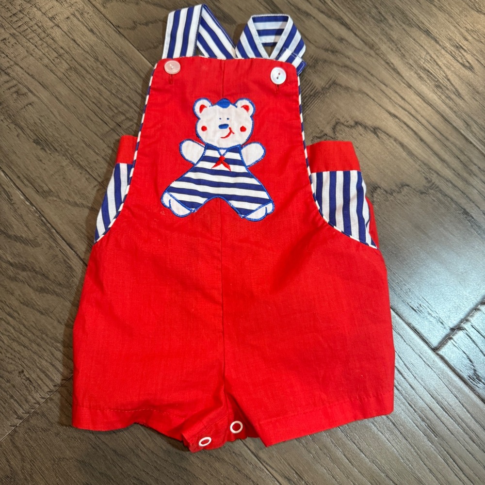 Vintage‎ Cuties by Judy Baby Overalls 6/9 Months Red Nautical Bear Romper
